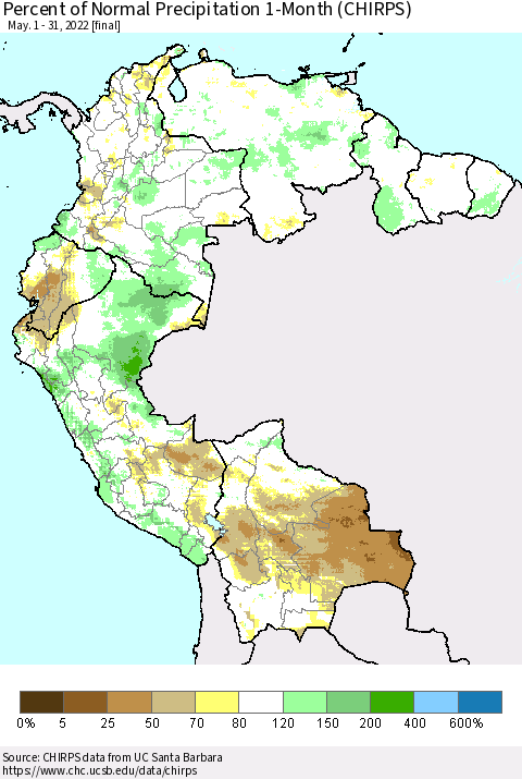Northern South America Percent of Normal Precipitation 1-Month (CHIRPS) Thematic Map For 5/1/2022 - 5/31/2022