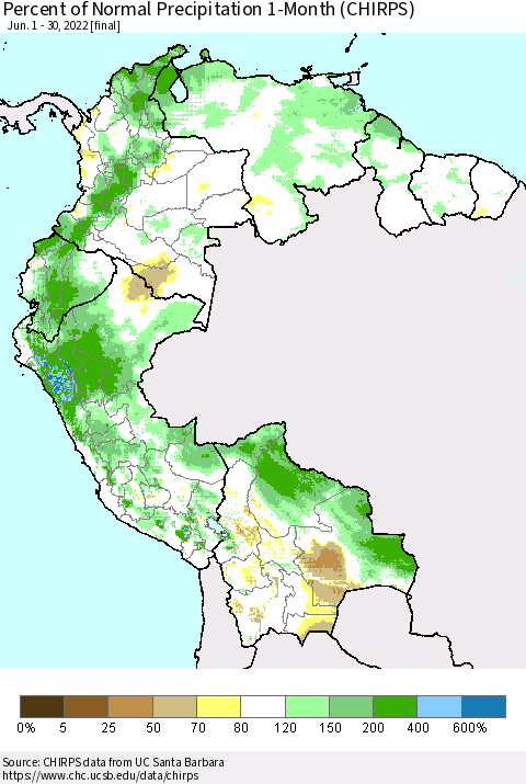 Northern South America Percent of Normal Precipitation 1-Month (CHIRPS) Thematic Map For 6/1/2022 - 6/30/2022