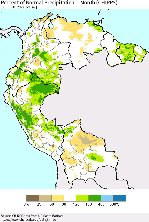 Northern South America Percent of Normal Precipitation 1-Month (CHIRPS) Thematic Map For 7/1/2022 - 7/31/2022