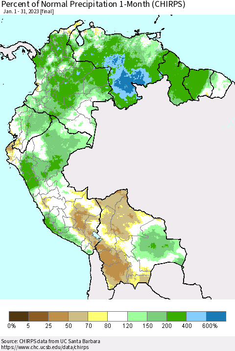Northern South America Percent of Normal Precipitation 1-Month (CHIRPS) Thematic Map For 1/1/2023 - 1/31/2023