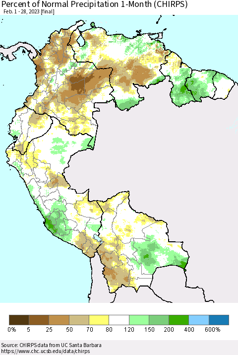 Northern South America Percent of Normal Precipitation 1-Month (CHIRPS) Thematic Map For 2/1/2023 - 2/28/2023