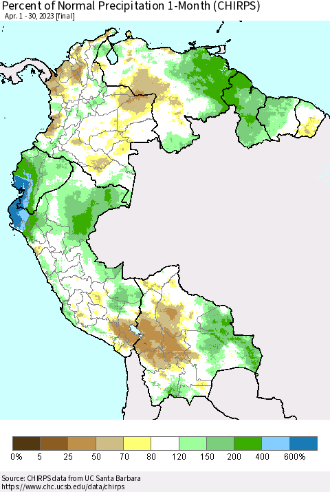 Northern South America Percent of Normal Precipitation 1-Month (CHIRPS) Thematic Map For 4/1/2023 - 4/30/2023