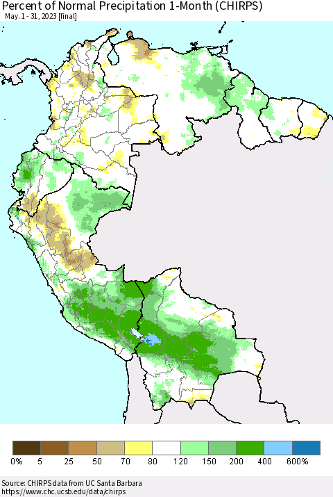 Northern South America Percent of Normal Precipitation 1-Month (CHIRPS) Thematic Map For 5/1/2023 - 5/31/2023