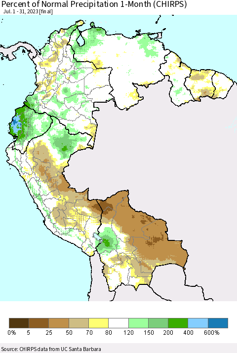 Northern South America Percent of Normal Precipitation 1-Month (CHIRPS) Thematic Map For 7/1/2023 - 7/31/2023