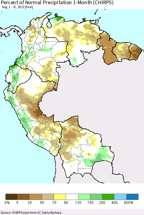 Northern South America Percent of Normal Precipitation 1-Month (CHIRPS) Thematic Map For 8/1/2023 - 8/31/2023