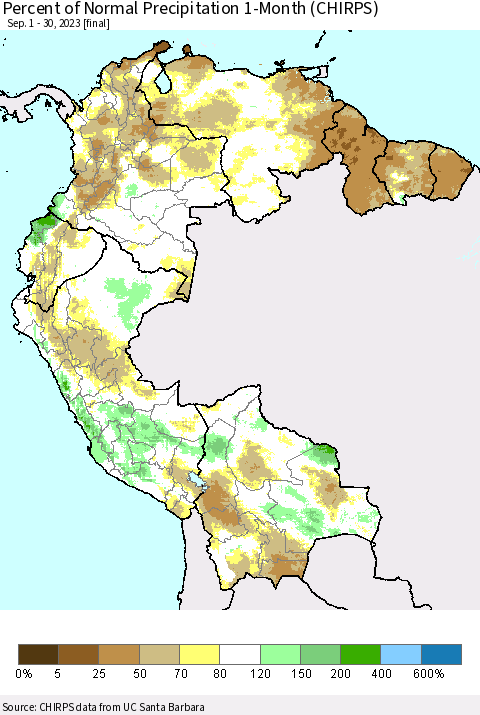 Northern South America Percent of Normal Precipitation 1-Month (CHIRPS) Thematic Map For 9/1/2023 - 9/30/2023