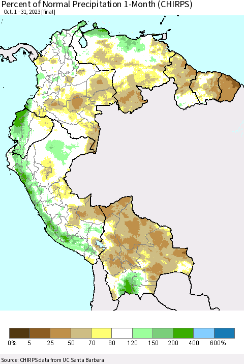 Northern South America Percent of Normal Precipitation 1-Month (CHIRPS) Thematic Map For 10/1/2023 - 10/31/2023
