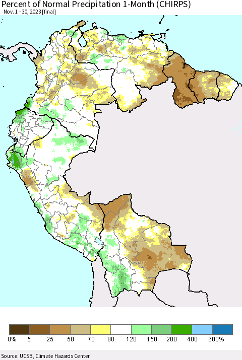 Northern South America Percent of Normal Precipitation 1-Month (CHIRPS) Thematic Map For 11/1/2023 - 11/30/2023
