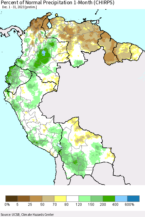 Northern South America Percent of Normal Precipitation 1-Month (CHIRPS) Thematic Map For 12/1/2023 - 12/31/2023