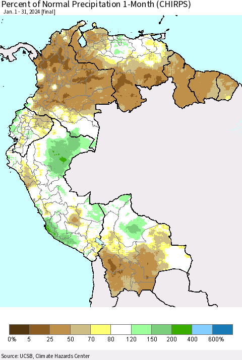 Northern South America Percent of Normal Precipitation 1-Month (CHIRPS) Thematic Map For 1/1/2024 - 1/31/2024