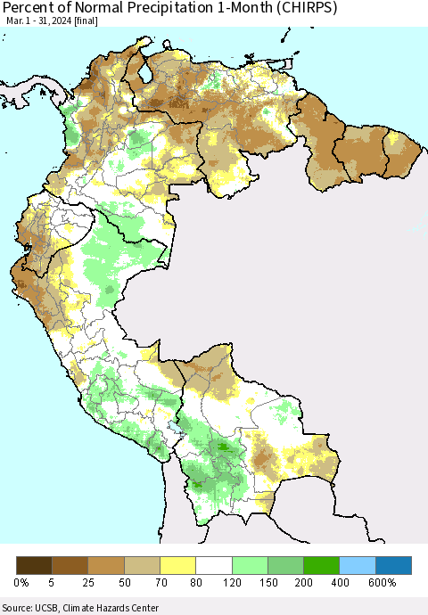 Northern South America Percent of Normal Precipitation 1-Month (CHIRPS) Thematic Map For 3/1/2024 - 3/31/2024