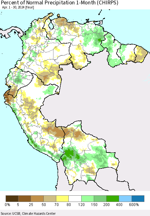 Northern South America Percent of Normal Precipitation 1-Month (CHIRPS) Thematic Map For 4/1/2024 - 4/30/2024
