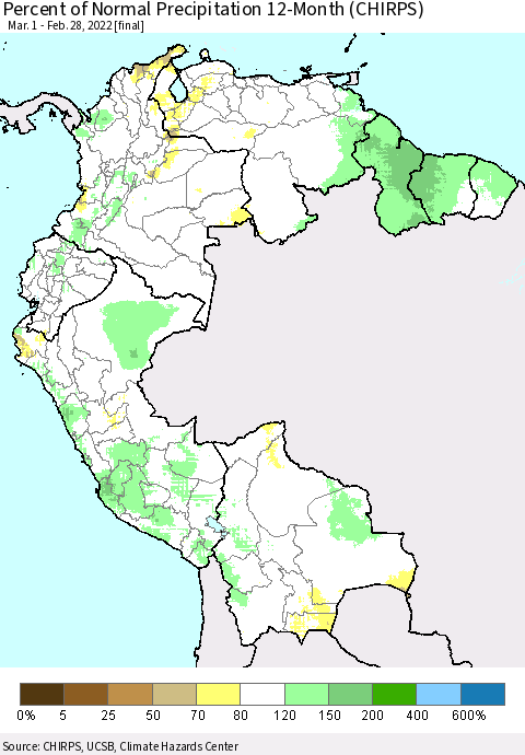 Northern South America Percent of Normal Precipitation 12-Month (CHIRPS) Thematic Map For 3/1/2021 - 2/28/2022