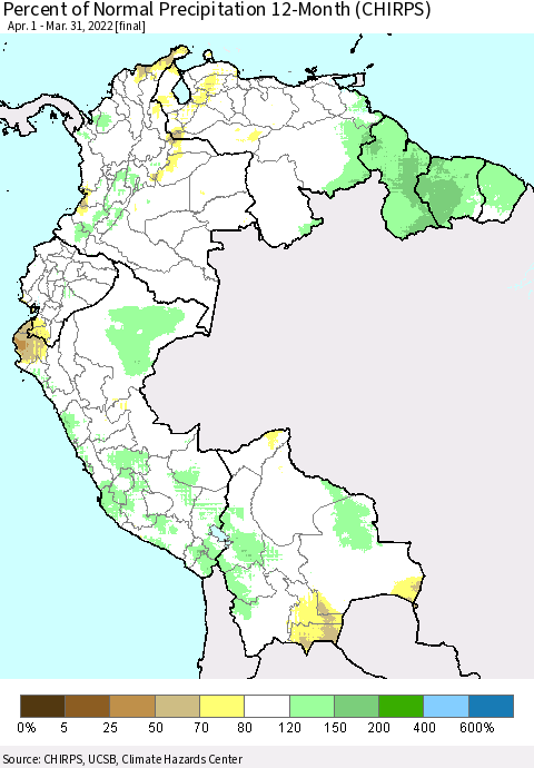 Northern South America Percent of Normal Precipitation 12-Month (CHIRPS) Thematic Map For 4/1/2021 - 3/31/2022