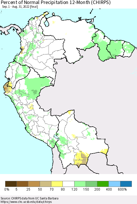 Northern South America Percent of Normal Precipitation 12-Month (CHIRPS) Thematic Map For 9/1/2021 - 8/31/2022