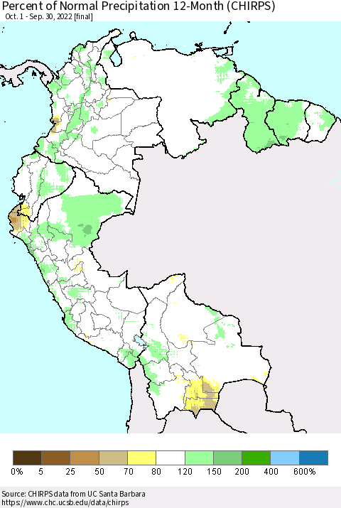 Northern South America Percent of Normal Precipitation 12-Month (CHIRPS) Thematic Map For 10/1/2021 - 9/30/2022