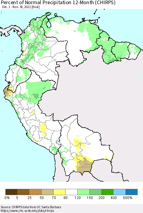 Northern South America Percent of Normal Precipitation 12-Month (CHIRPS) Thematic Map For 12/1/2021 - 11/30/2022