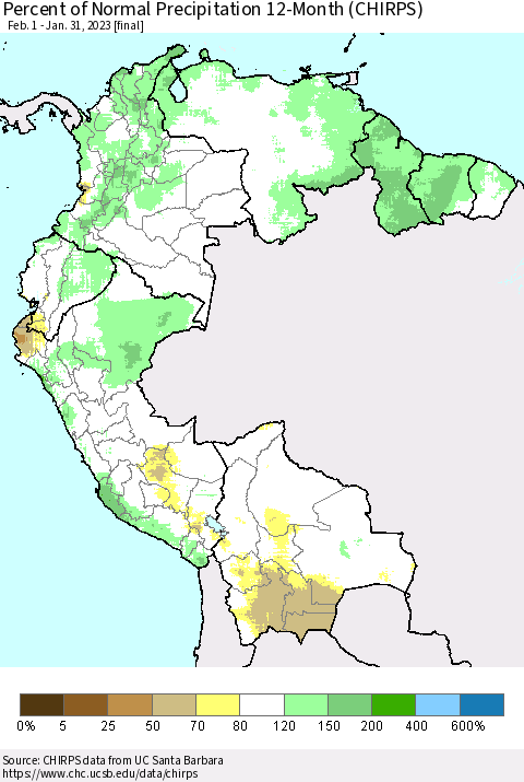 Northern South America Percent of Normal Precipitation 12-Month (CHIRPS) Thematic Map For 2/1/2022 - 1/31/2023