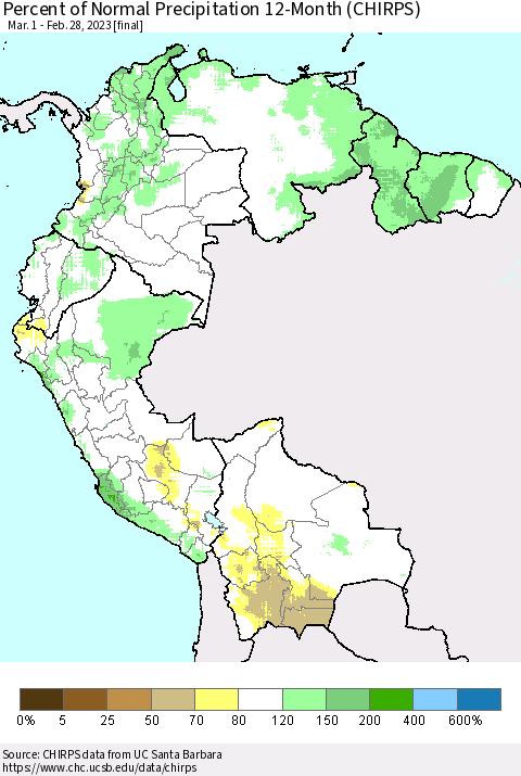 Northern South America Percent of Normal Precipitation 12-Month (CHIRPS) Thematic Map For 3/1/2022 - 2/28/2023