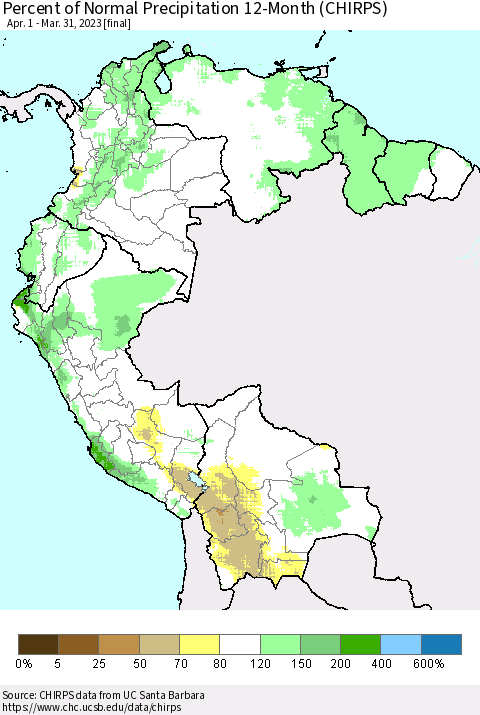Northern South America Percent of Normal Precipitation 12-Month (CHIRPS) Thematic Map For 4/1/2022 - 3/31/2023