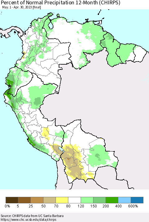 Northern South America Percent of Normal Precipitation 12-Month (CHIRPS) Thematic Map For 5/1/2022 - 4/30/2023