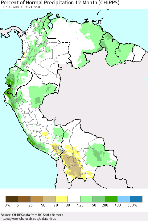 Northern South America Percent of Normal Precipitation 12-Month (CHIRPS) Thematic Map For 6/1/2022 - 5/31/2023