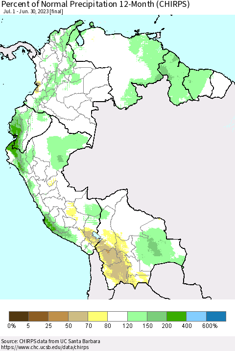 Northern South America Percent of Normal Precipitation 12-Month (CHIRPS) Thematic Map For 7/1/2022 - 6/30/2023