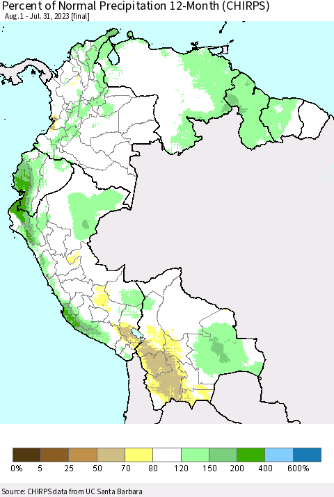 Northern South America Percent of Normal Precipitation 12-Month (CHIRPS) Thematic Map For 8/1/2022 - 7/31/2023