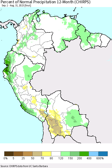 Northern South America Percent of Normal Precipitation 12-Month (CHIRPS) Thematic Map For 9/1/2022 - 8/31/2023