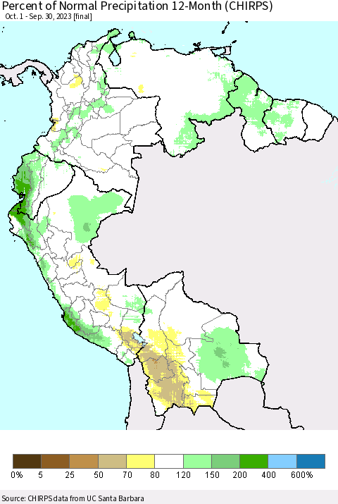 Northern South America Percent of Normal Precipitation 12-Month (CHIRPS) Thematic Map For 10/1/2022 - 9/30/2023