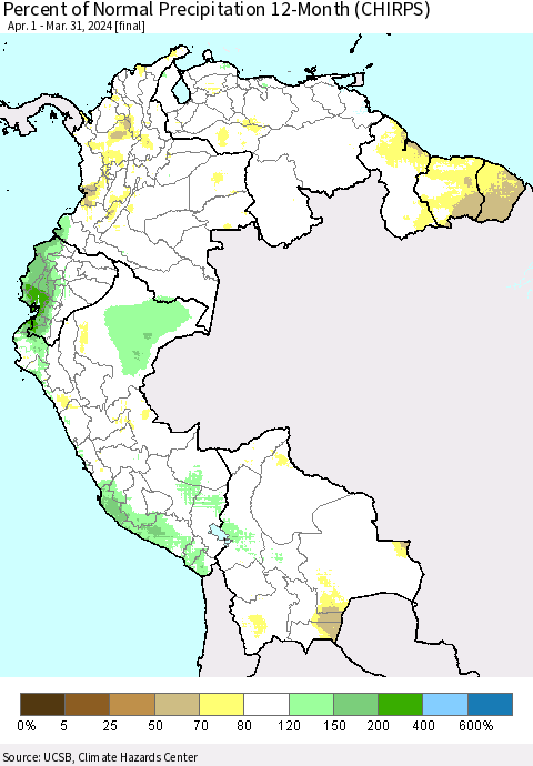 Northern South America Percent of Normal Precipitation 12-Month (CHIRPS) Thematic Map For 4/1/2023 - 3/31/2024