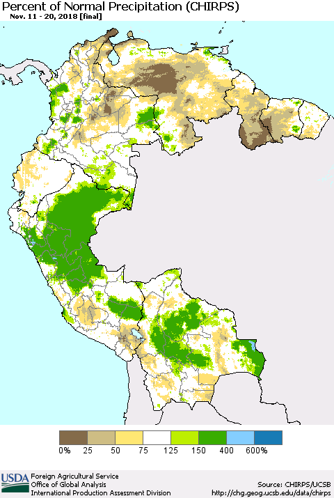 Northern South America Percent of Normal Precipitation (CHIRPS) Thematic Map For 11/11/2018 - 11/20/2018