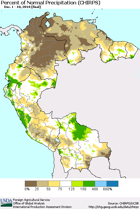 Northern South America Percent of Normal Precipitation (CHIRPS) Thematic Map For 12/1/2018 - 12/10/2018