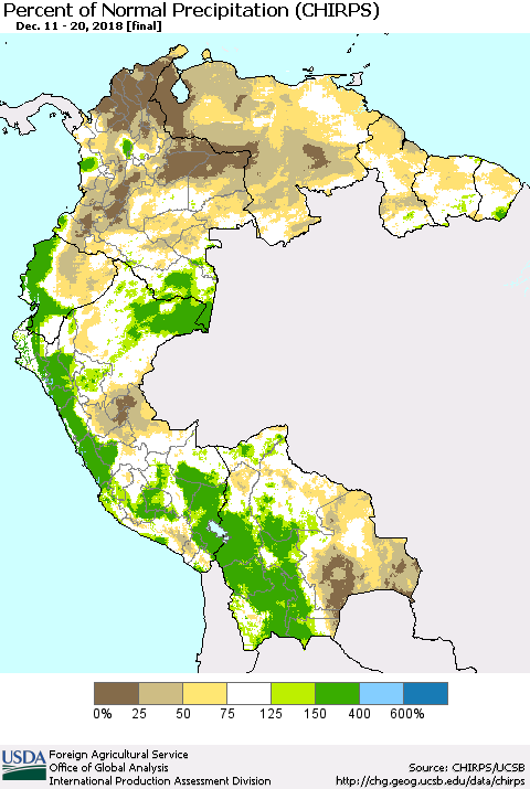 Northern South America Percent of Normal Precipitation (CHIRPS) Thematic Map For 12/11/2018 - 12/20/2018