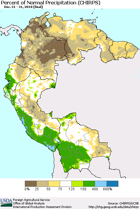 Northern South America Percent of Normal Precipitation (CHIRPS) Thematic Map For 12/21/2018 - 12/31/2018