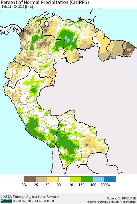 Northern South America Percent of Normal Precipitation (CHIRPS) Thematic Map For 2/11/2019 - 2/20/2019