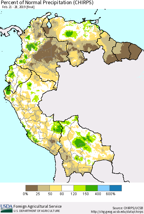 Northern South America Percent of Normal Precipitation (CHIRPS) Thematic Map For 2/21/2019 - 2/28/2019