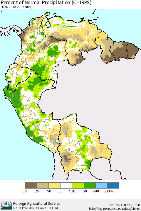 Northern South America Percent of Normal Precipitation (CHIRPS) Thematic Map For 3/1/2019 - 3/10/2019