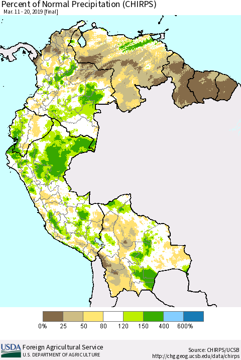Northern South America Percent of Normal Precipitation (CHIRPS) Thematic Map For 3/11/2019 - 3/20/2019