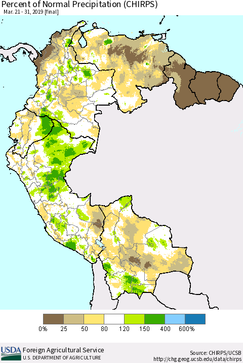 Northern South America Percent of Normal Precipitation (CHIRPS) Thematic Map For 3/21/2019 - 3/31/2019