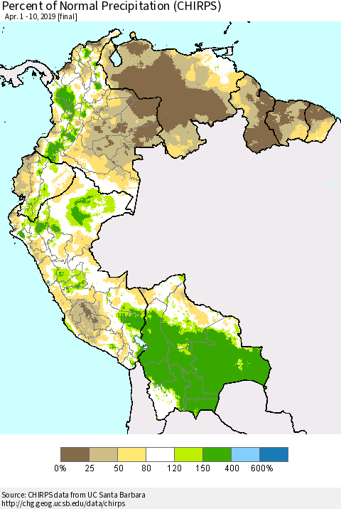 Northern South America Percent of Normal Precipitation (CHIRPS) Thematic Map For 4/1/2019 - 4/10/2019