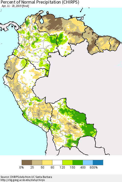 Northern South America Percent of Normal Precipitation (CHIRPS) Thematic Map For 4/11/2019 - 4/20/2019