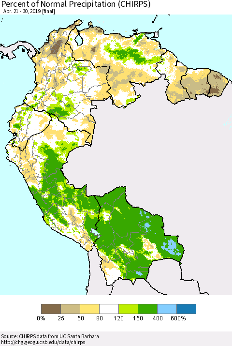 Northern South America Percent of Normal Precipitation (CHIRPS) Thematic Map For 4/21/2019 - 4/30/2019