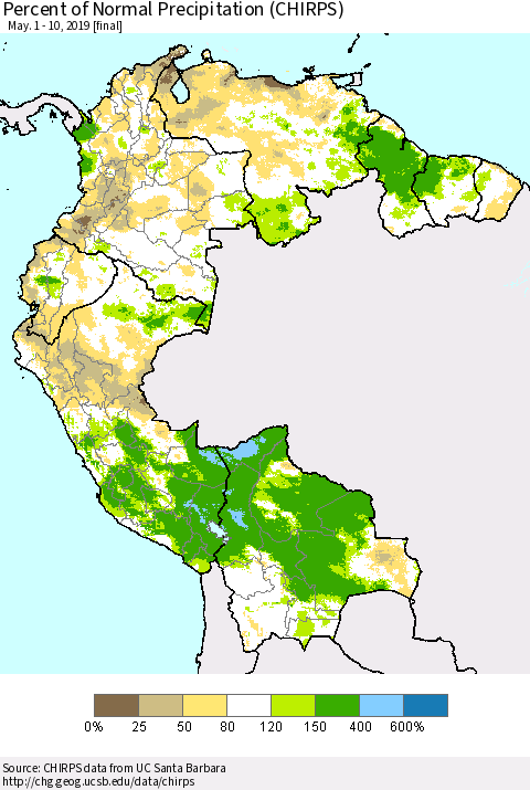 Northern South America Percent of Normal Precipitation (CHIRPS) Thematic Map For 5/1/2019 - 5/10/2019
