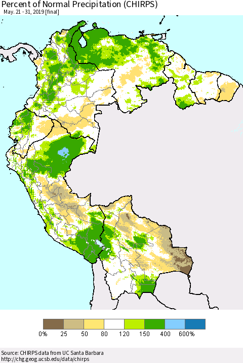Northern South America Percent of Normal Precipitation (CHIRPS) Thematic Map For 5/21/2019 - 5/31/2019