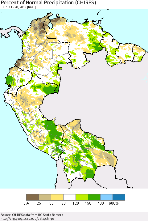 Northern South America Percent of Normal Precipitation (CHIRPS) Thematic Map For 6/11/2019 - 6/20/2019