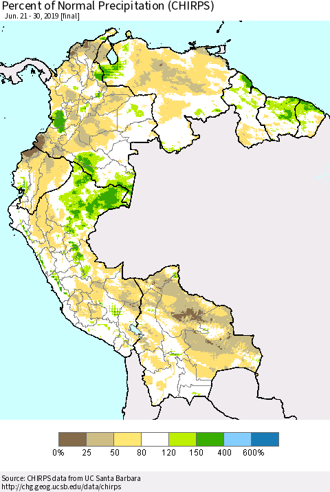 Northern South America Percent of Normal Precipitation (CHIRPS) Thematic Map For 6/21/2019 - 6/30/2019