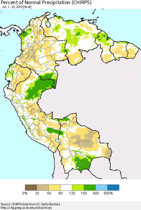 Northern South America Percent of Normal Precipitation (CHIRPS) Thematic Map For 7/1/2019 - 7/10/2019