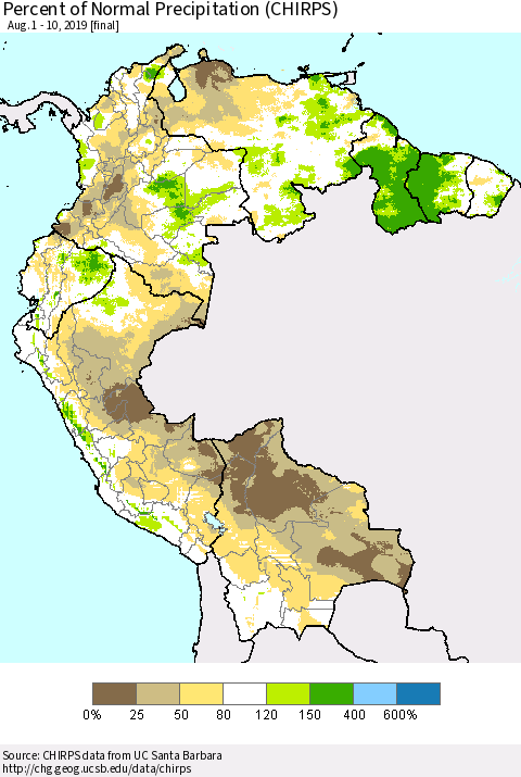 Northern South America Percent of Normal Precipitation (CHIRPS) Thematic Map For 8/1/2019 - 8/10/2019