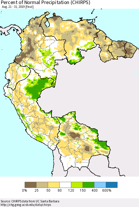 Northern South America Percent of Normal Precipitation (CHIRPS) Thematic Map For 8/21/2019 - 8/31/2019
